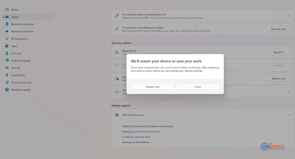 Advanced Startup showing Restart popup on Windows 11