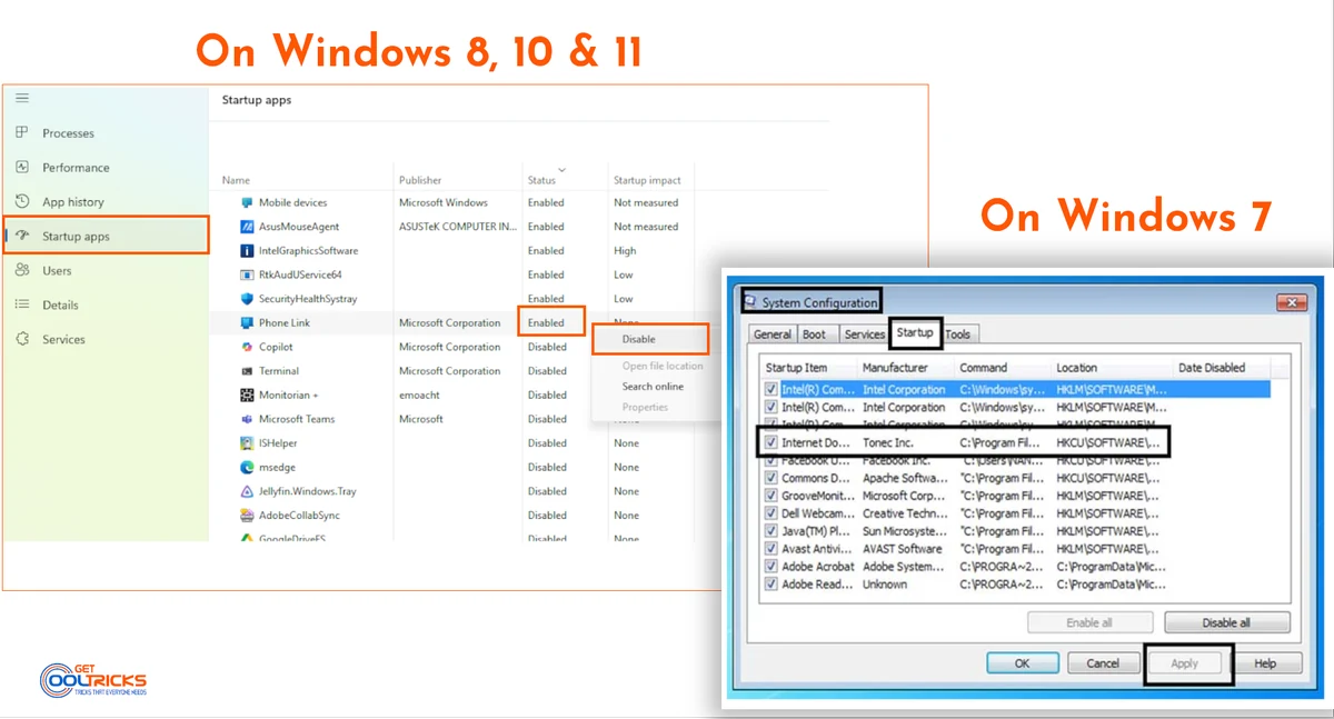 Task manager nad msconfig showing the startup tab