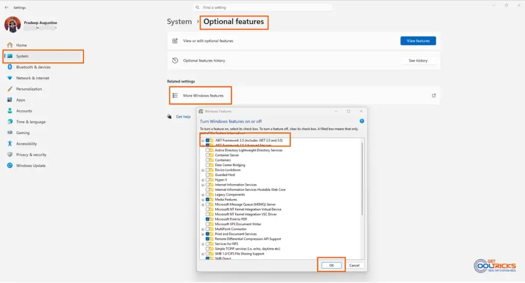 Enable .NET Framework 3.5 in Windows 11 via Settings Optional Features and Windows Features dialog