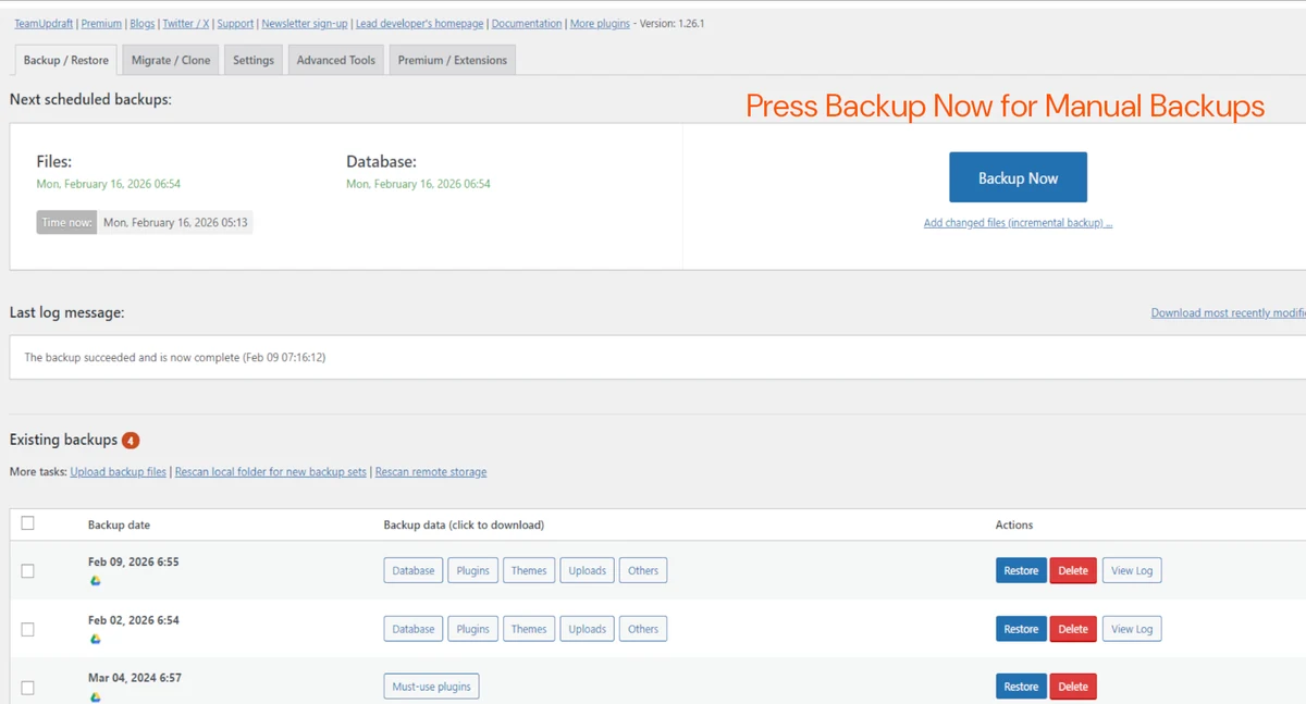 UpdraftPlus WordPress backup dashboard showing backup and restore options