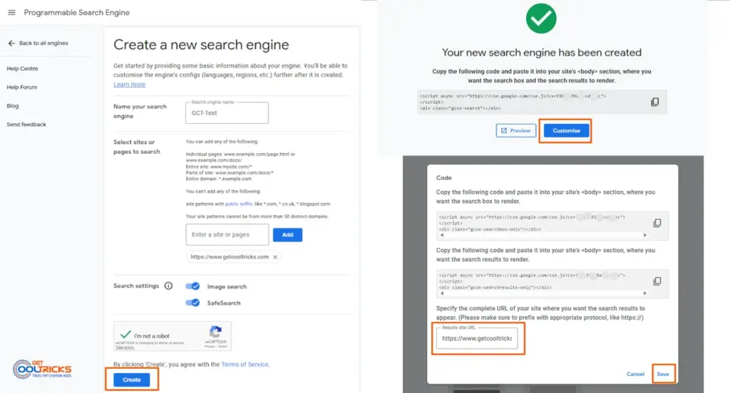 Google CSE - Programmable Search creation and customization screen