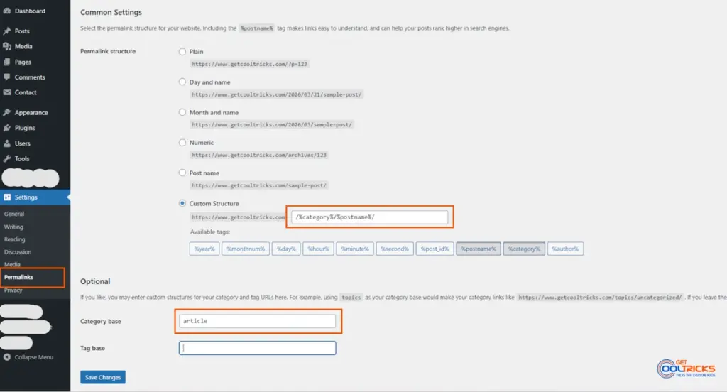 Wordpress settings page showing Permalink options