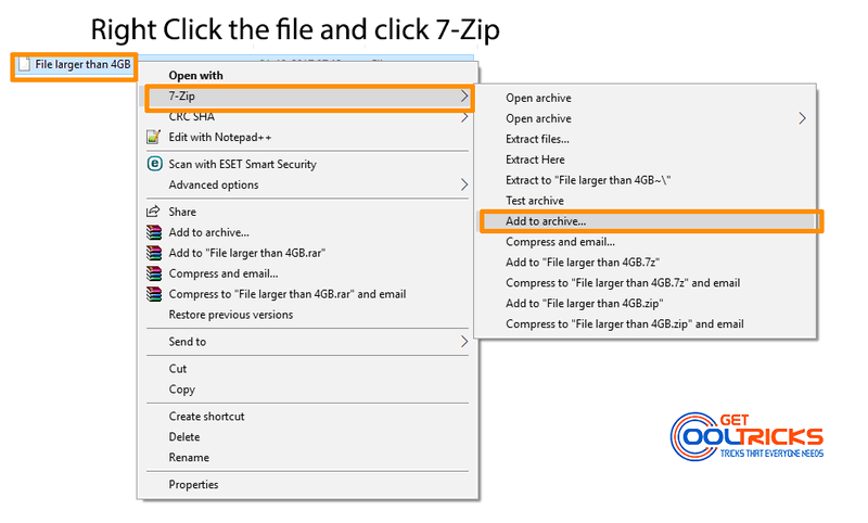 Right Click on File, Select 7-Zip then Add to Archive...