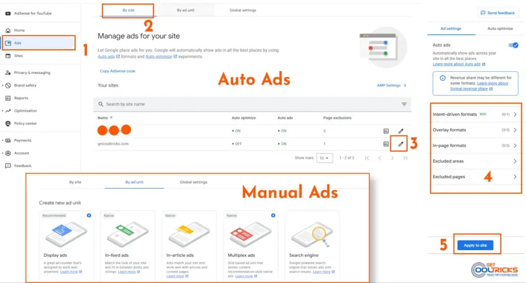Google AdSense Auto Ads settings and manual ad unit creation screen with ad formats and apply to site button