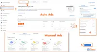 Google AdSense Auto Ads settings and manual ad unit creation screen with ad formats and apply to site button