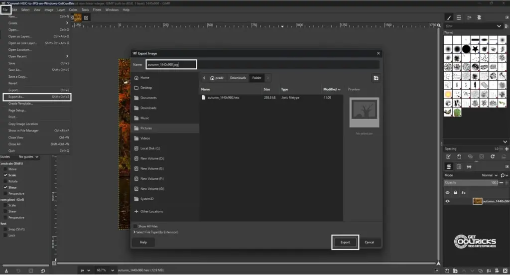 export heic image as jpg using gimp on windows