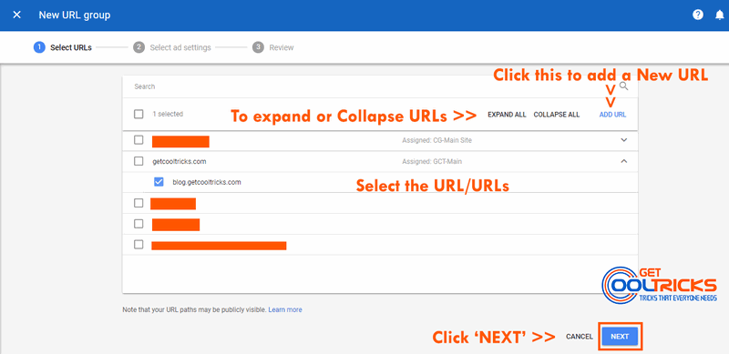 Select the URL/URLs to customize Auto Ad settings