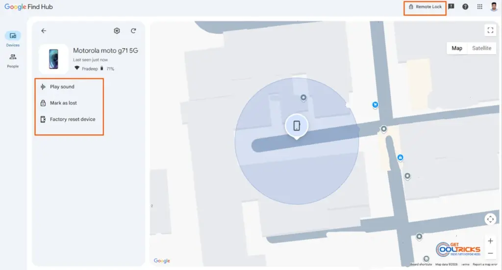 Google Find Hub desktop interface showing play sound mark as lost factory reset and remote lock options