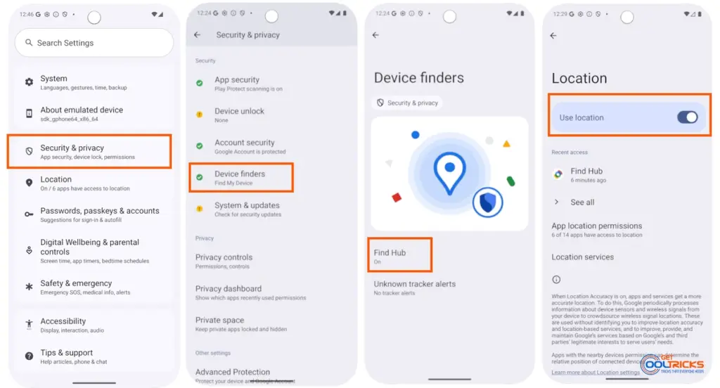 Enable Find Hub in Android settings under device finders and turn on location services