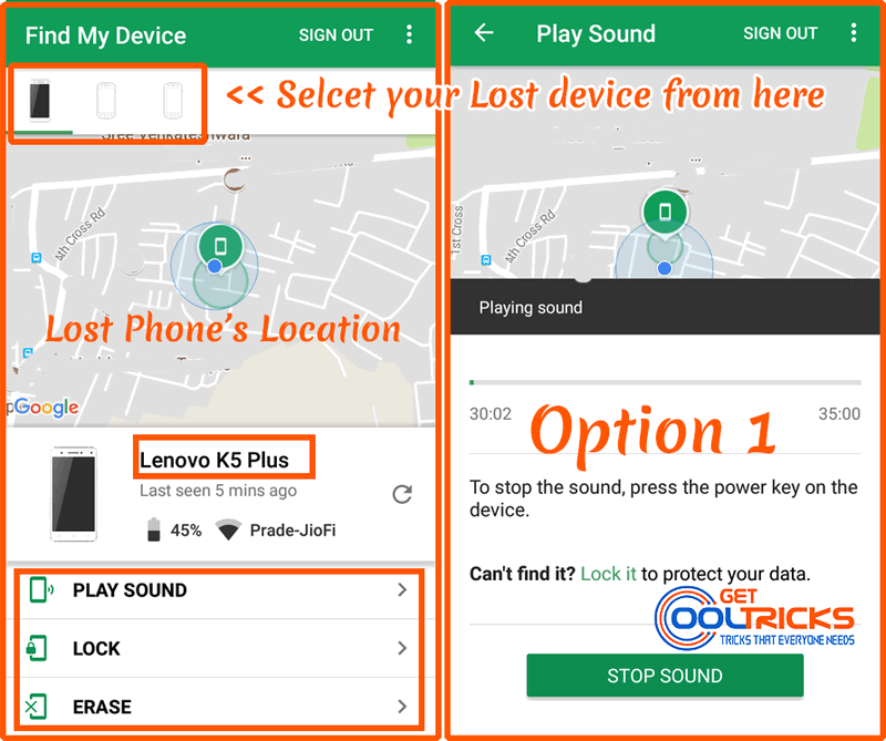 Select the phone and click Play Sound