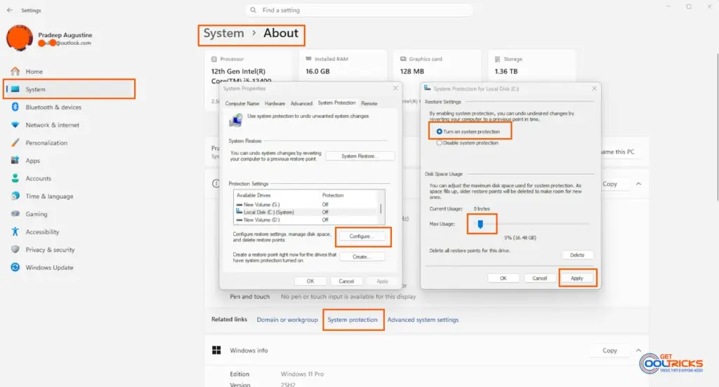 Enable System Protection and create a restore point in Windows 11 settings