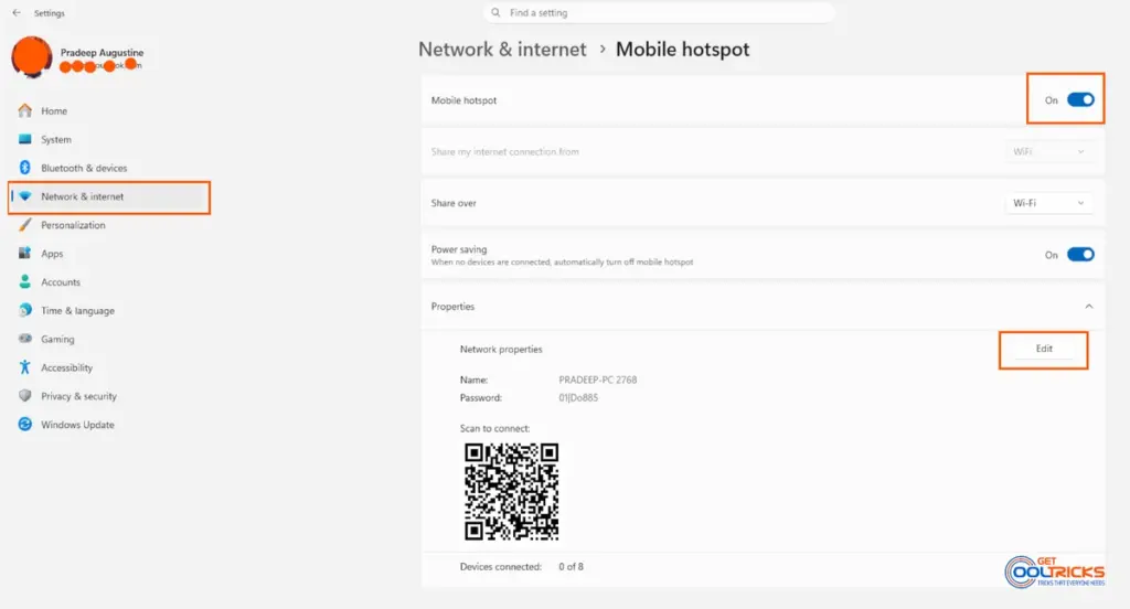 Windows mobile hotspot settings showing network and internet mobile hotspot enabled with edit option