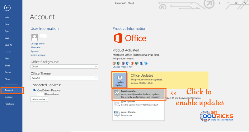 Enable Updates by going to File > Account in Microsoft Office Word